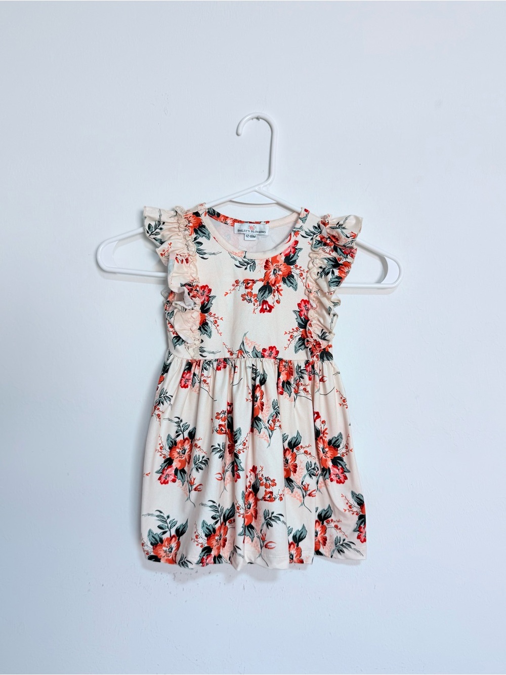 Toddler Girl Pink Coral Floral Ruffle Dress in Cream